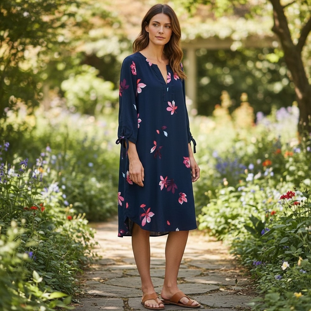 Joules Tunic Sheath Dress Women 10 Navy Pink Floral 3/4 Tie Sleeve V NeckViscose